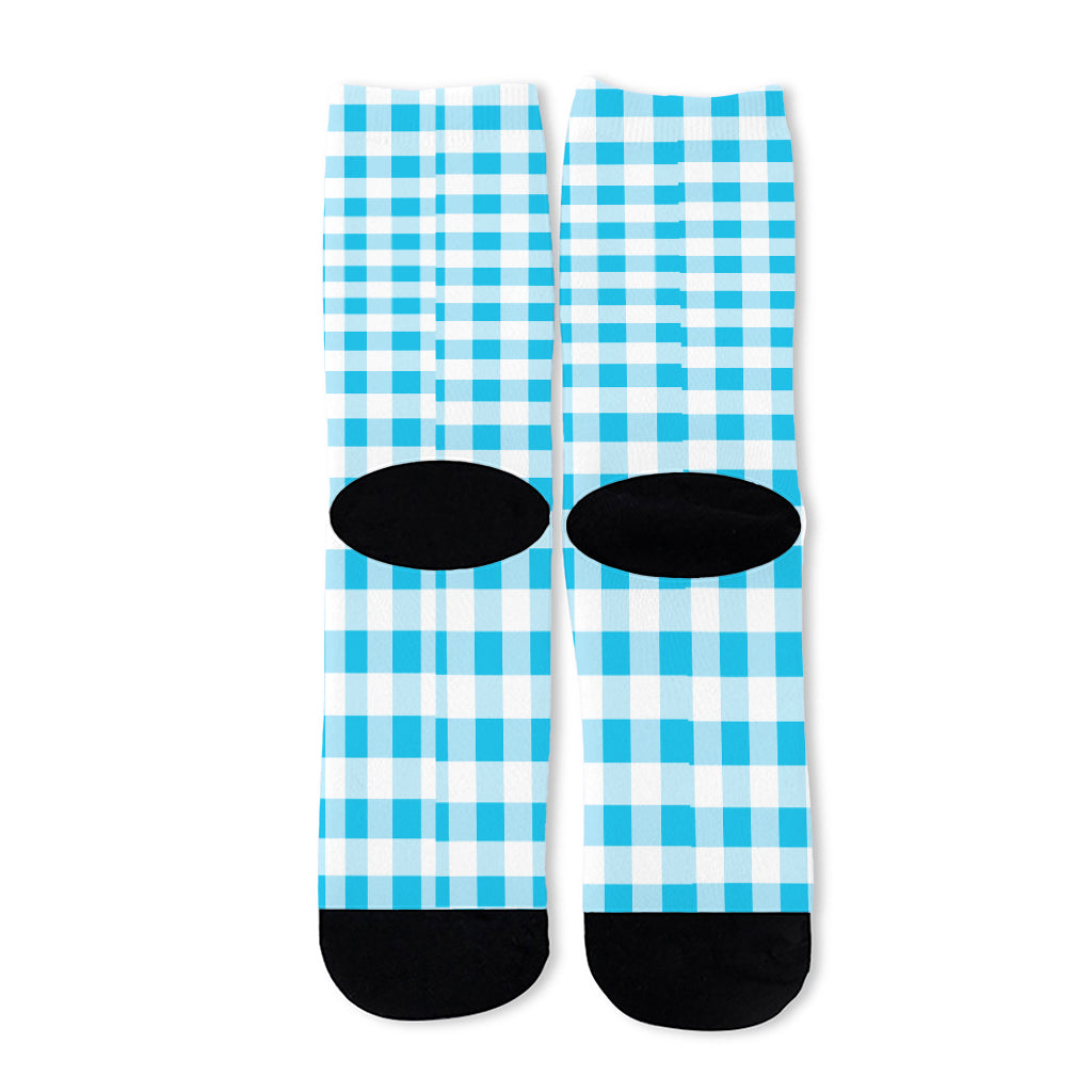Cyan Blue And White Gingham Print Long Socks