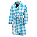 Cyan Blue And White Gingham Print Men's Bathrobe