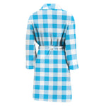 Cyan Blue And White Gingham Print Men's Bathrobe