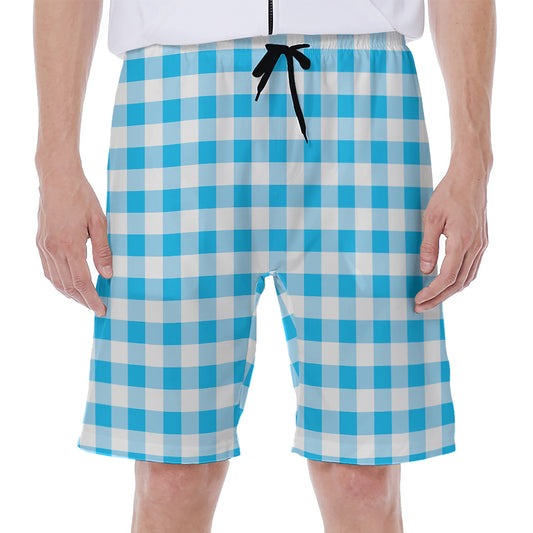 Cyan Blue And White Gingham Print Men's Beach Shorts