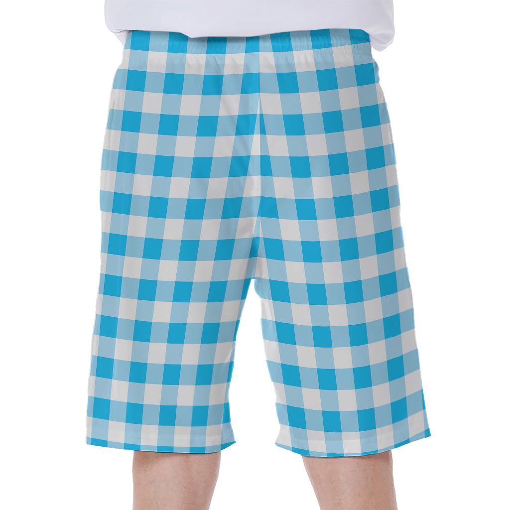 Cyan Blue And White Gingham Print Men's Beach Shorts