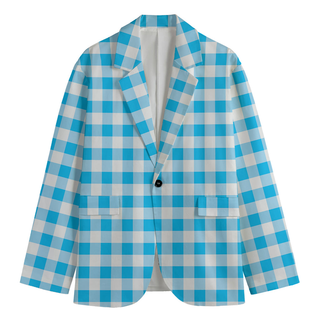 Cyan Blue And White Gingham Print Men's Blazer