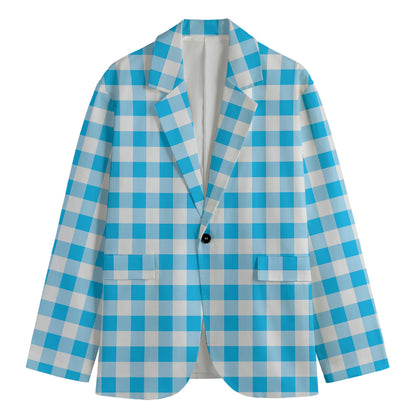 Cyan Blue And White Gingham Print Men's Blazer