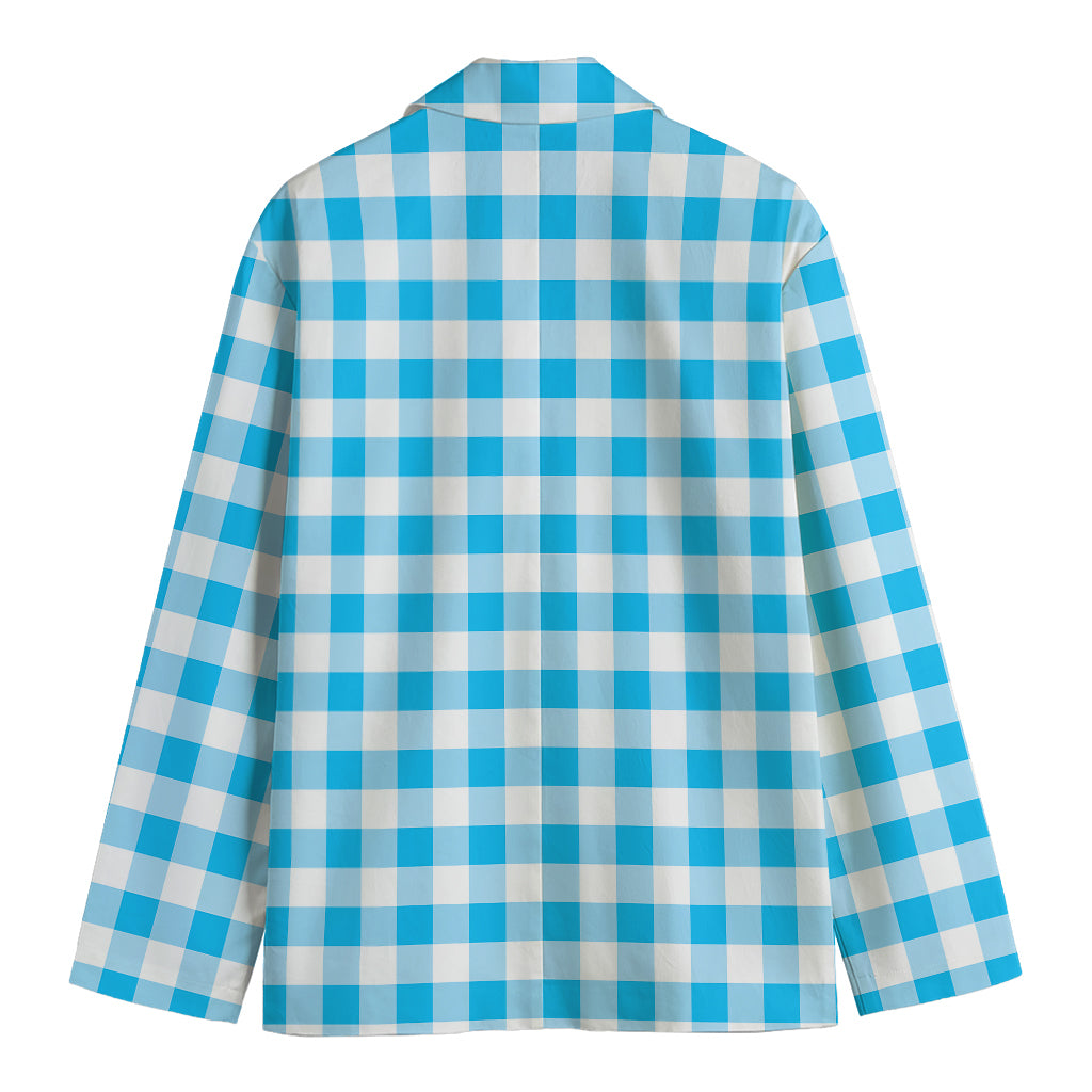 Cyan Blue And White Gingham Print Men's Blazer