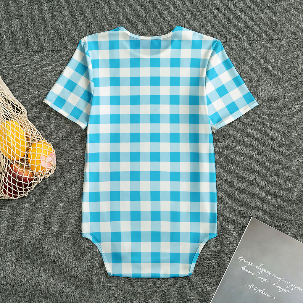 Cyan Blue And White Gingham Print Men's Bodysuit
