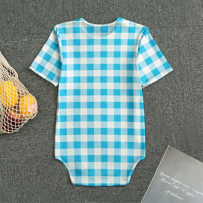 Cyan Blue And White Gingham Print Men's Bodysuit