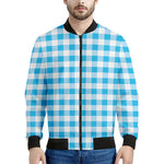 Cyan Blue And White Gingham Print Men's Bomber Jacket
