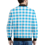 Cyan Blue And White Gingham Print Men's Bomber Jacket