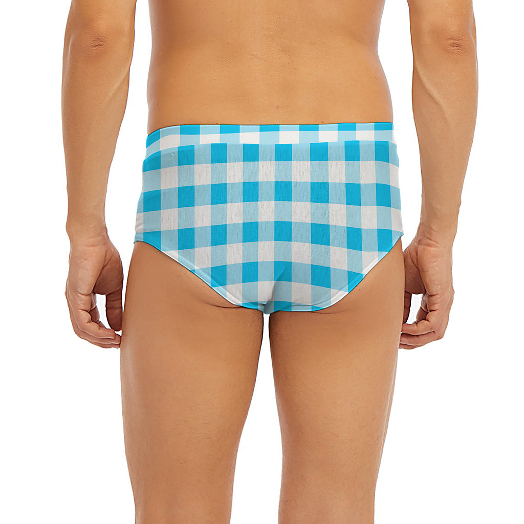 Cyan Blue And White Gingham Print Men's Briefs