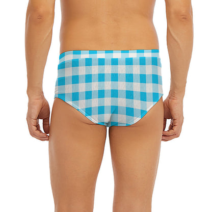 Cyan Blue And White Gingham Print Men's Briefs