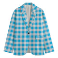 Cyan Blue And White Gingham Print Men's Cotton Blazer