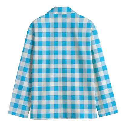 Cyan Blue And White Gingham Print Men's Cotton Blazer