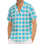 Cyan Blue And White Gingham Print Men's Deep V-Neck Shirt