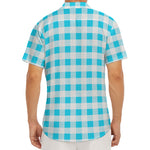 Cyan Blue And White Gingham Print Men's Deep V-Neck Shirt
