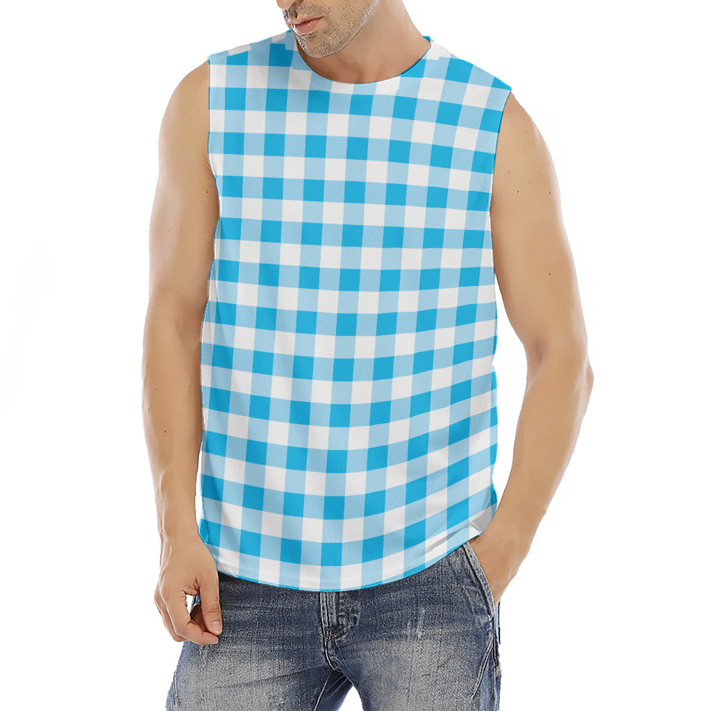 Cyan Blue And White Gingham Print Men's Fitness Tank Top