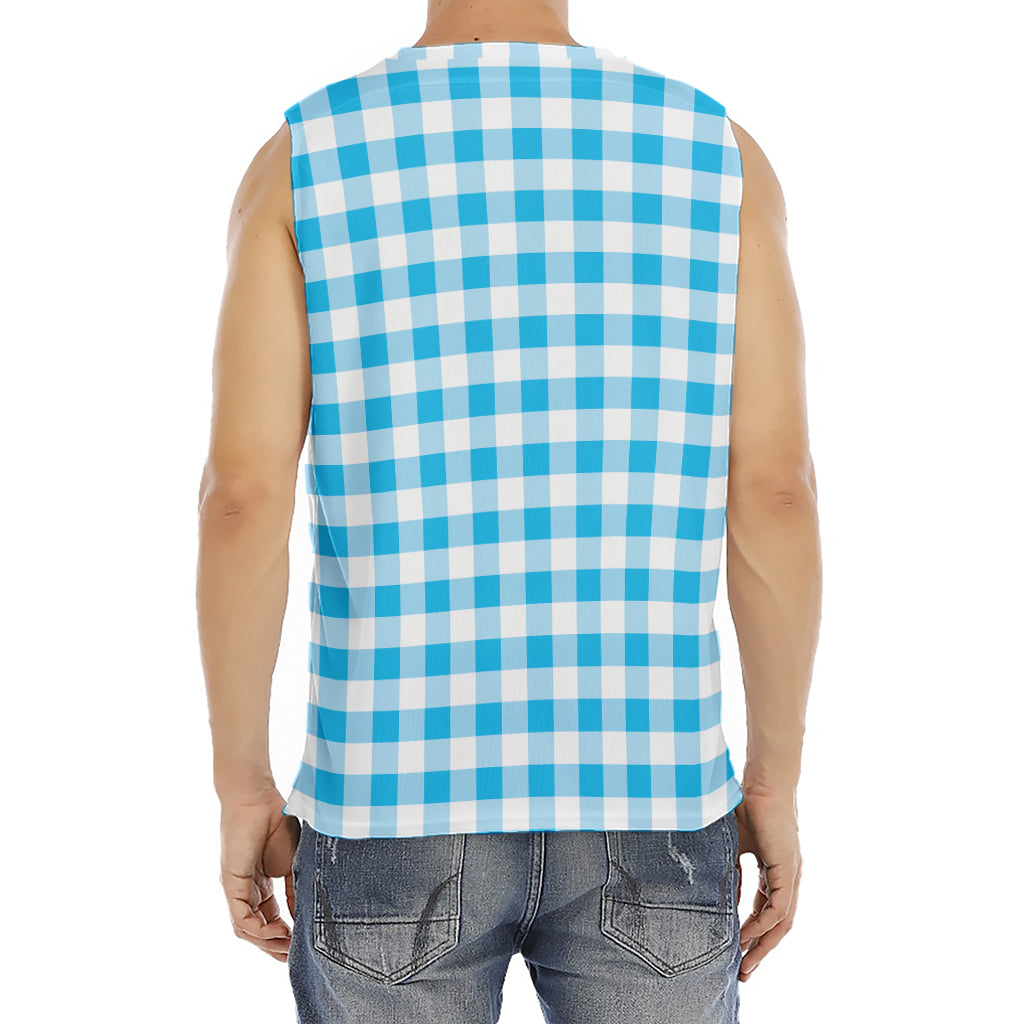 Cyan Blue And White Gingham Print Men's Fitness Tank Top