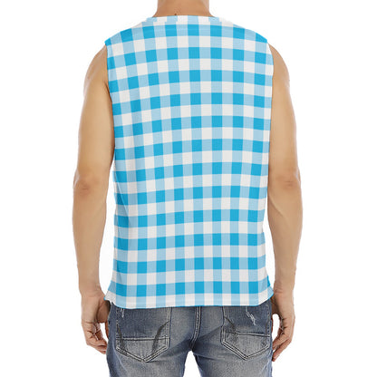 Cyan Blue And White Gingham Print Men's Fitness Tank Top