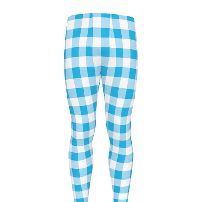 Cyan Blue And White Gingham Print Men's leggings