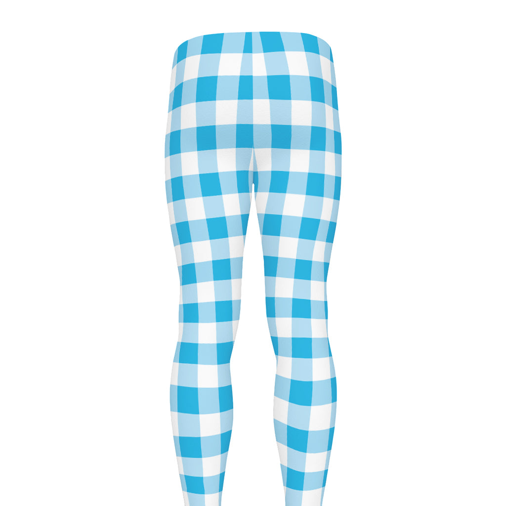 Cyan Blue And White Gingham Print Men's leggings