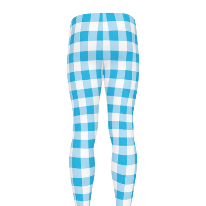 Cyan Blue And White Gingham Print Men's leggings