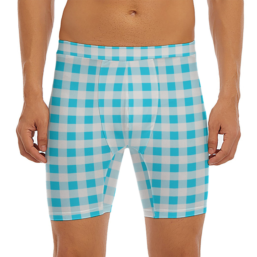 Cyan Blue And White Gingham Print Men's Long Boxer Briefs