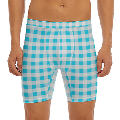 Cyan Blue And White Gingham Print Men's Long Boxer Briefs
