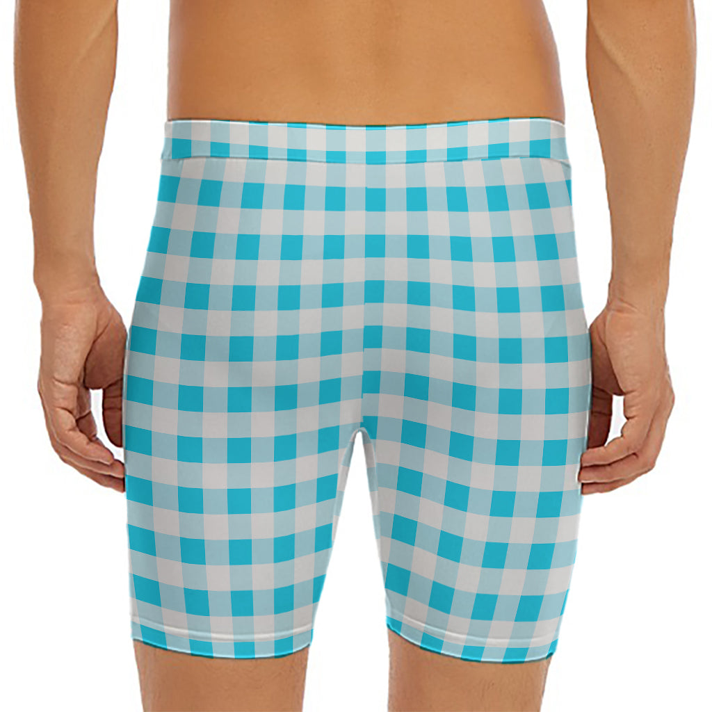 Cyan Blue And White Gingham Print Men's Long Boxer Briefs