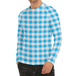 Cyan Blue And White Gingham Print Men's Long Sleeve Rash Guard