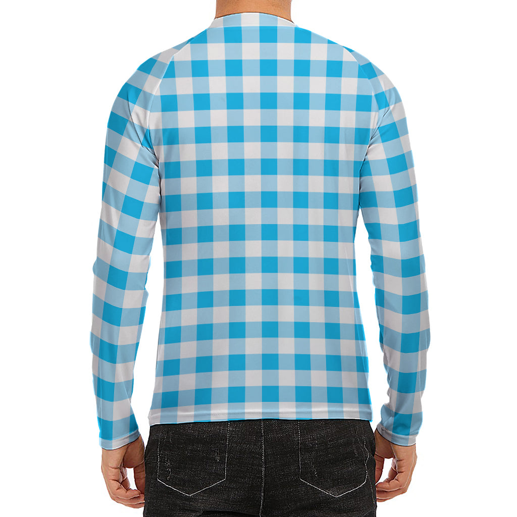 Cyan Blue And White Gingham Print Men's Long Sleeve Rash Guard