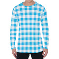 Cyan Blue And White Gingham Print Men's Long Sleeve T-Shirt