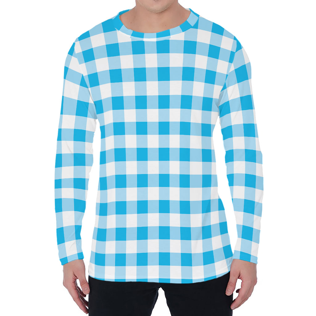 Cyan Blue And White Gingham Print Men's Long Sleeve T-Shirt