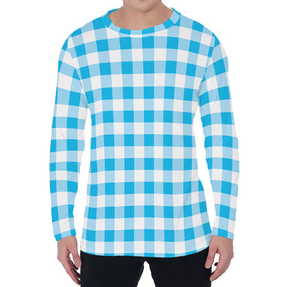 Cyan Blue And White Gingham Print Men's Long Sleeve T-Shirt