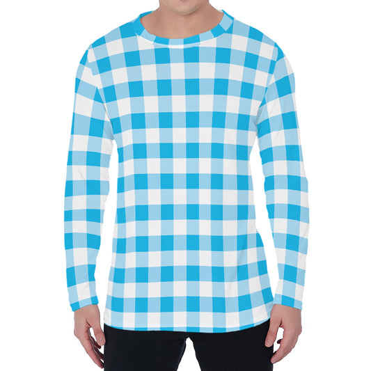 Cyan Blue And White Gingham Print Men's Long Sleeve T-Shirt