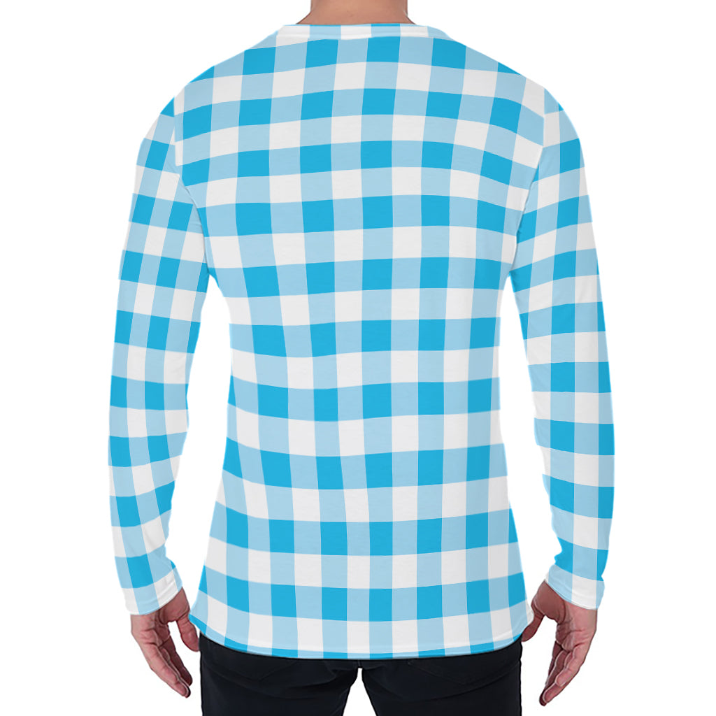 Cyan Blue And White Gingham Print Men's Long Sleeve T-Shirt
