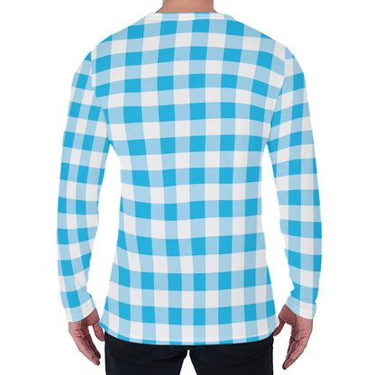 Cyan Blue And White Gingham Print Men's Long Sleeve T-Shirt