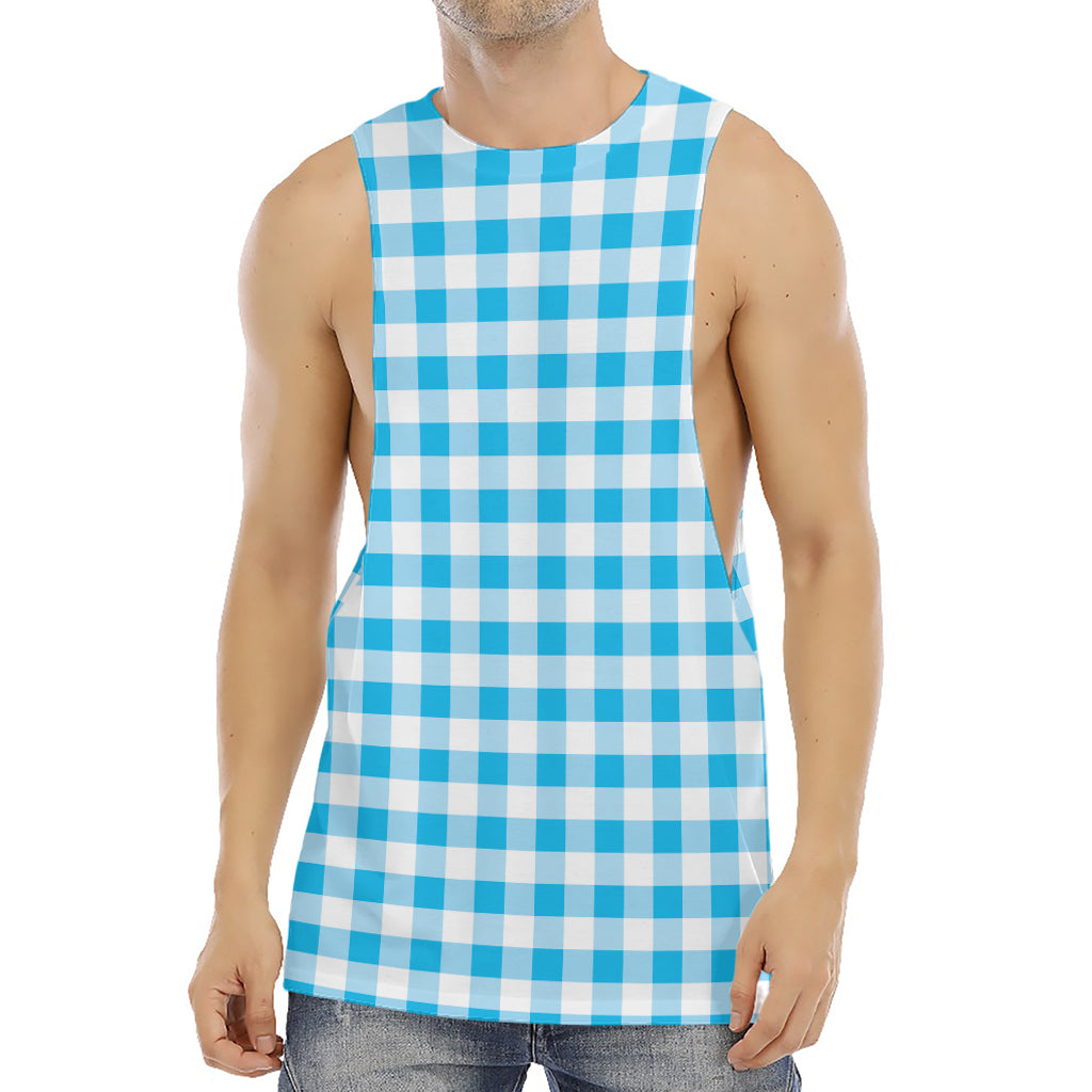 Cyan Blue And White Gingham Print Men's Muscle Tank Top