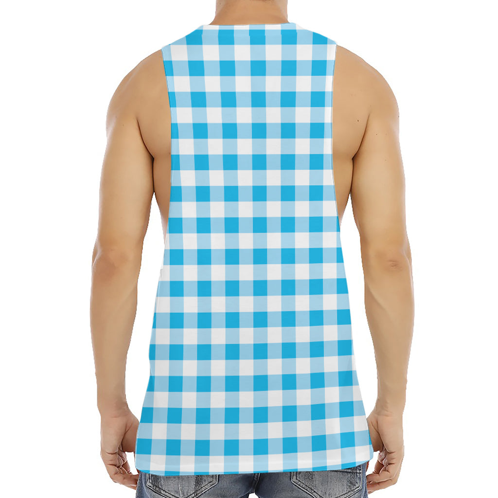 Cyan Blue And White Gingham Print Men's Muscle Tank Top