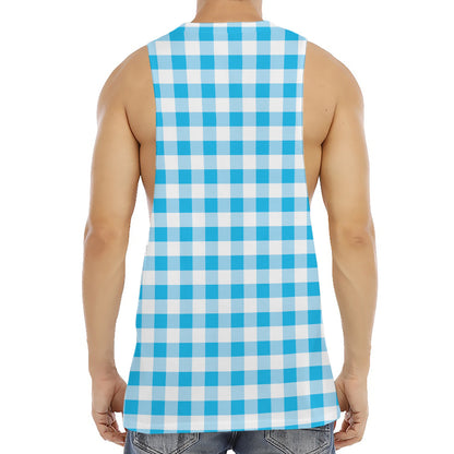 Cyan Blue And White Gingham Print Men's Muscle Tank Top