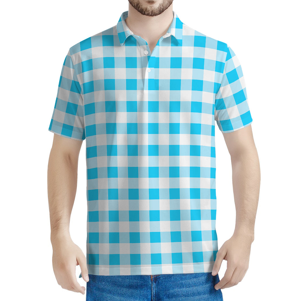 Cyan Blue And White Gingham Print Men's Polo Shirt