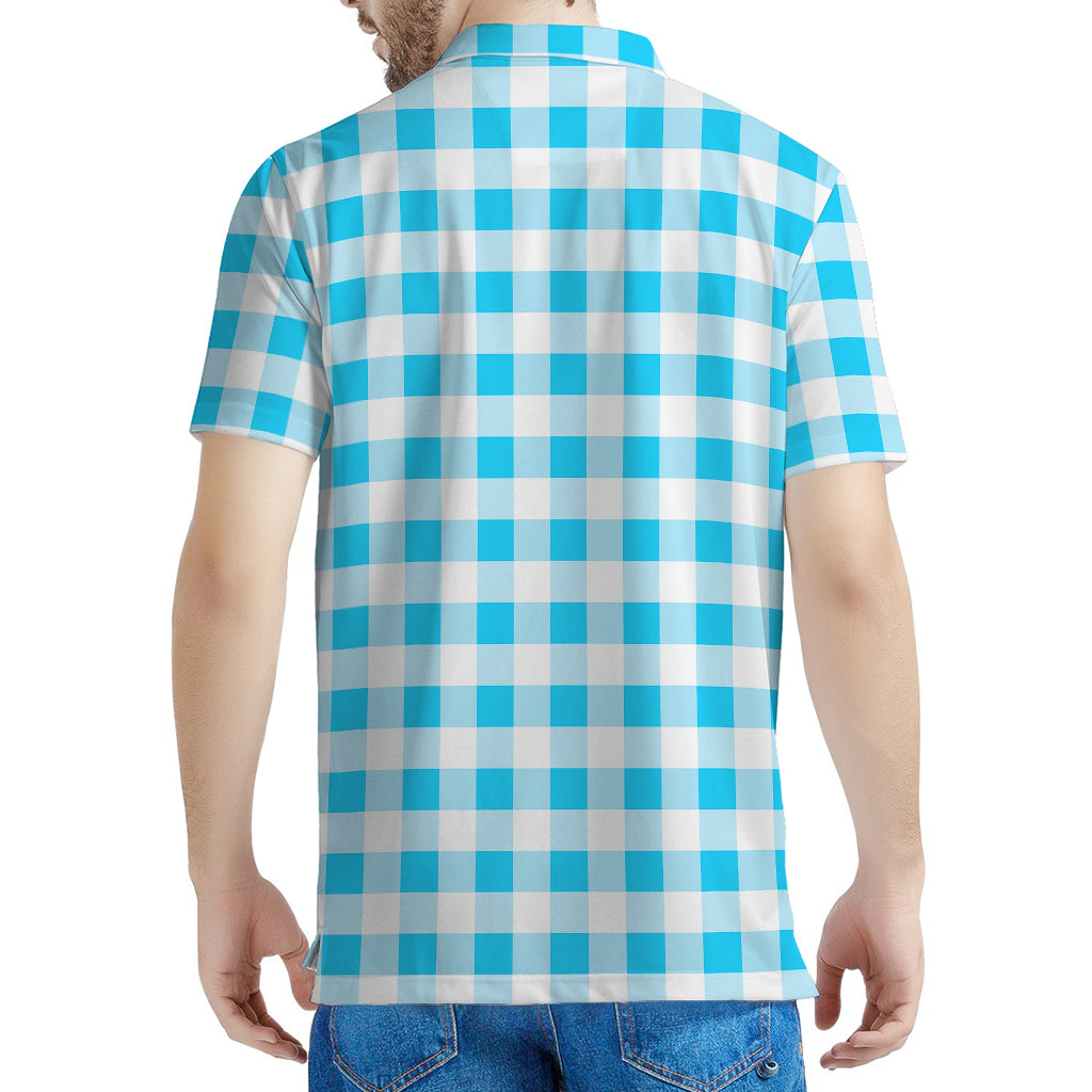 Cyan Blue And White Gingham Print Men's Polo Shirt
