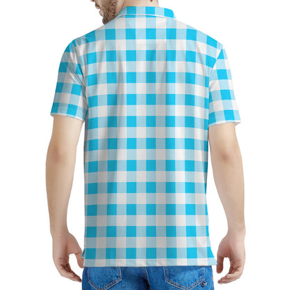 Cyan Blue And White Gingham Print Men's Polo Shirt