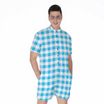 Cyan Blue And White Gingham Print Men's Rompers