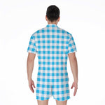 Cyan Blue And White Gingham Print Men's Rompers