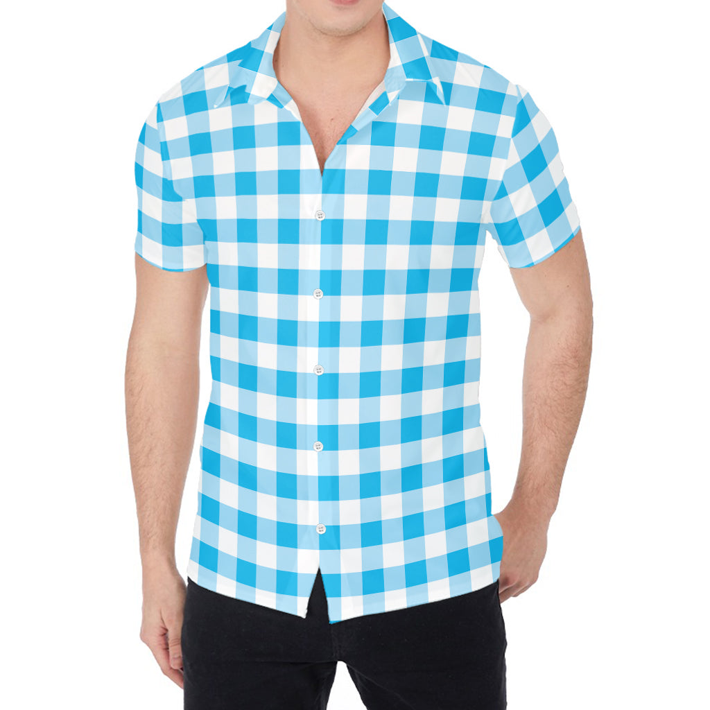 Cyan Blue And White Gingham Print Men's Shirt
