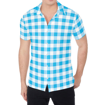 Cyan Blue And White Gingham Print Men's Shirt