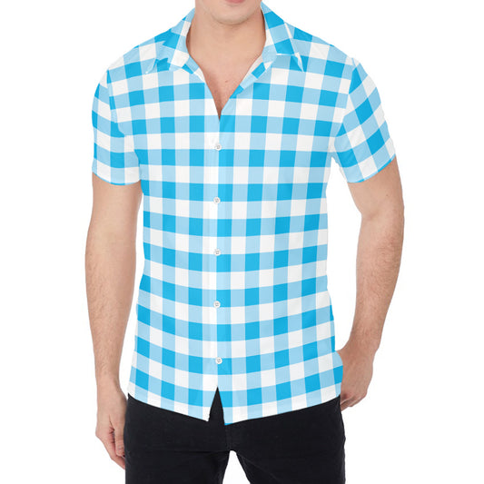 Cyan Blue And White Gingham Print Men's Shirt