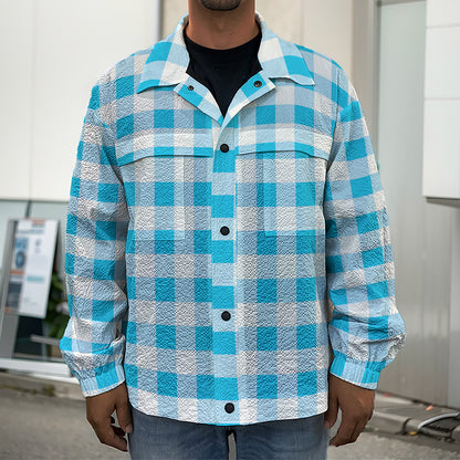 Cyan Blue And White Gingham Print Men's Shirt Jacket