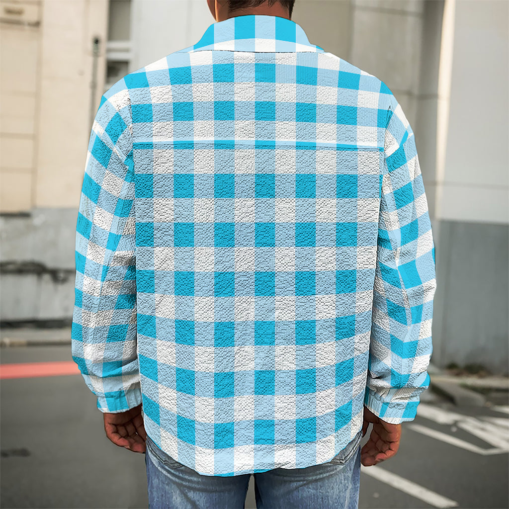 Cyan Blue And White Gingham Print Men's Shirt Jacket