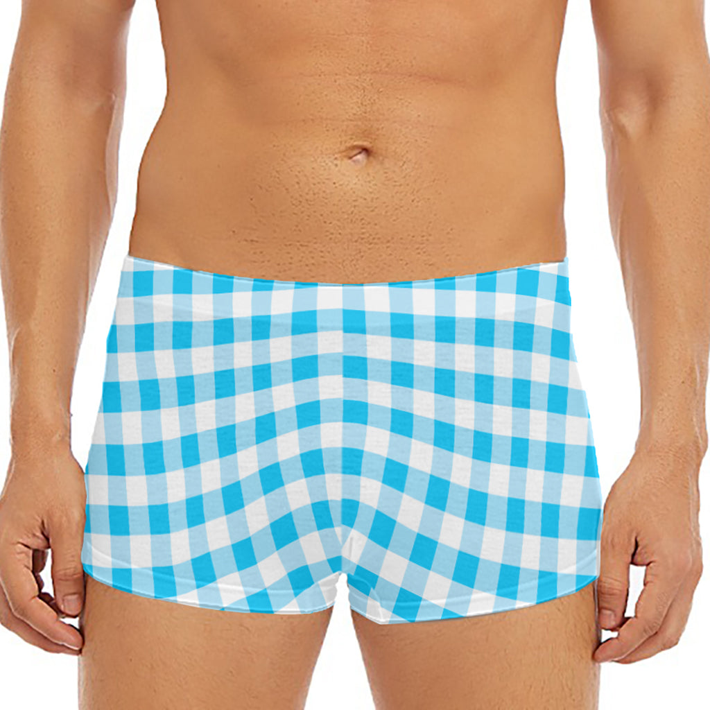 Cyan Blue And White Gingham Print Men's Short Boxer Briefs