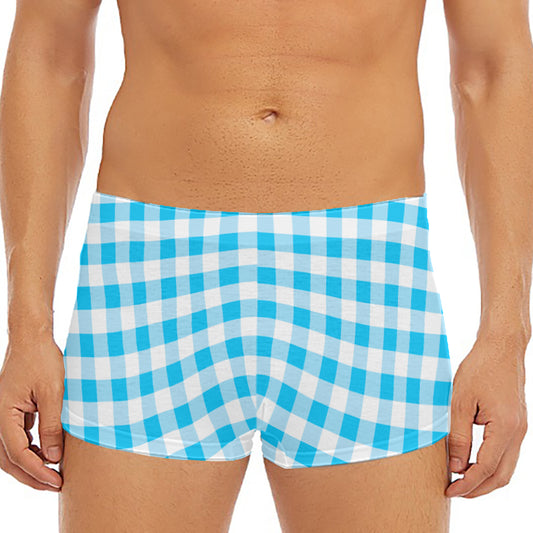 Cyan Blue And White Gingham Print Men's Short Boxer Briefs